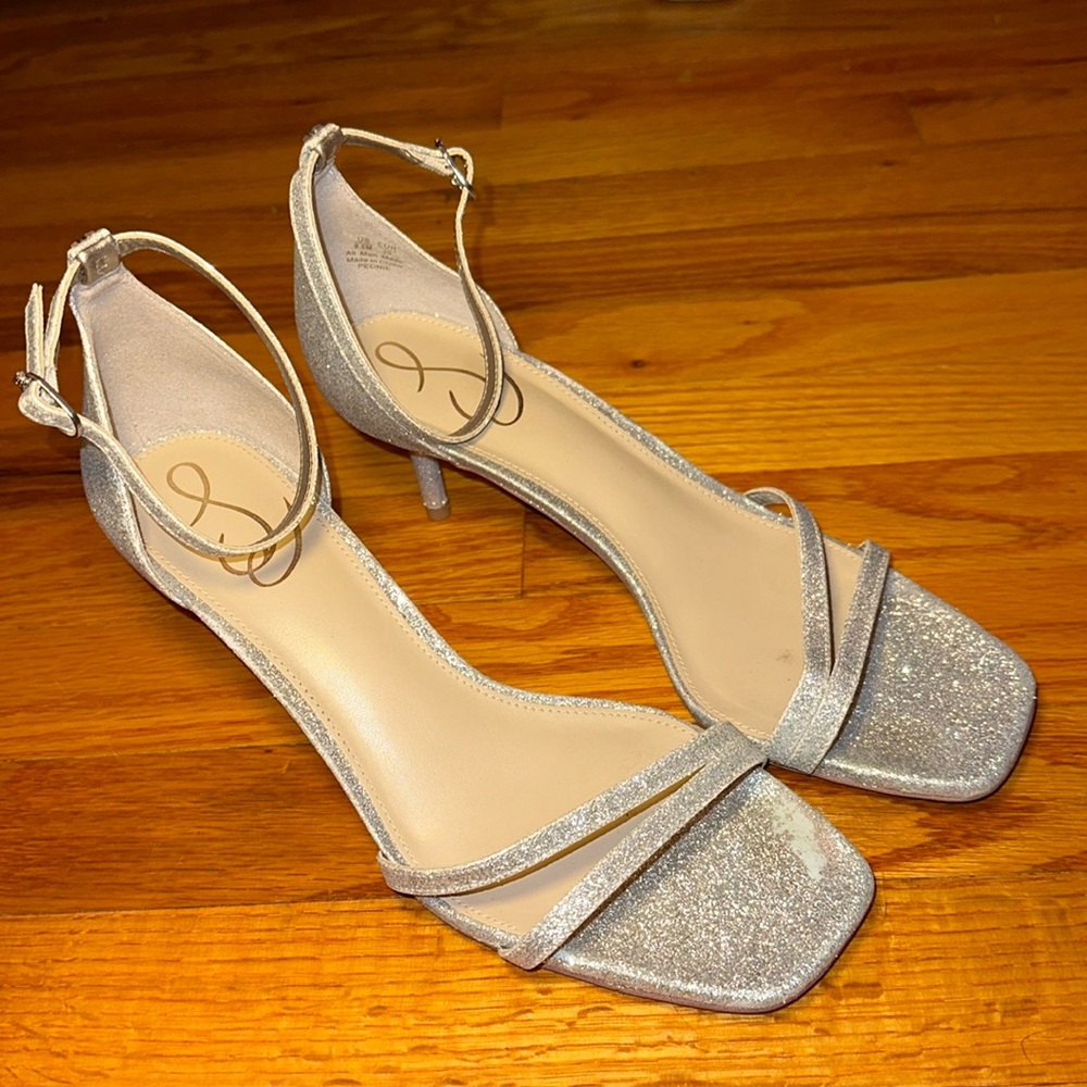 Silver 2 inch sparkly glitter heels